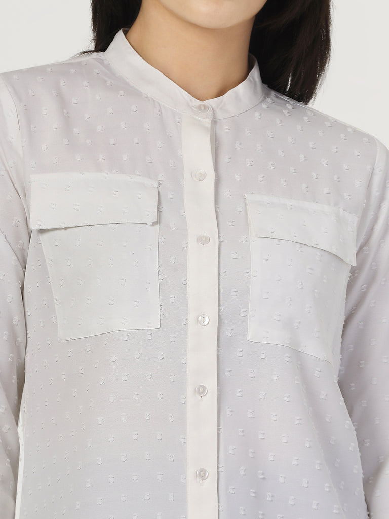 Style Quotient Women Self Design White Swiss Dot Regular Fit Formal Shirt-Shirts-StyleQuotient