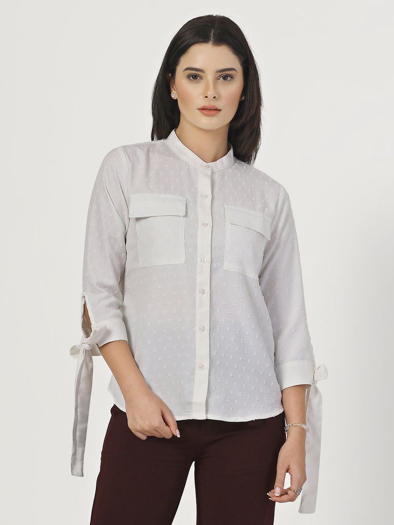 Style Quotient Women Self Design White Swiss Dot Regular Fit Formal Shirt-Shirts-StyleQuotient