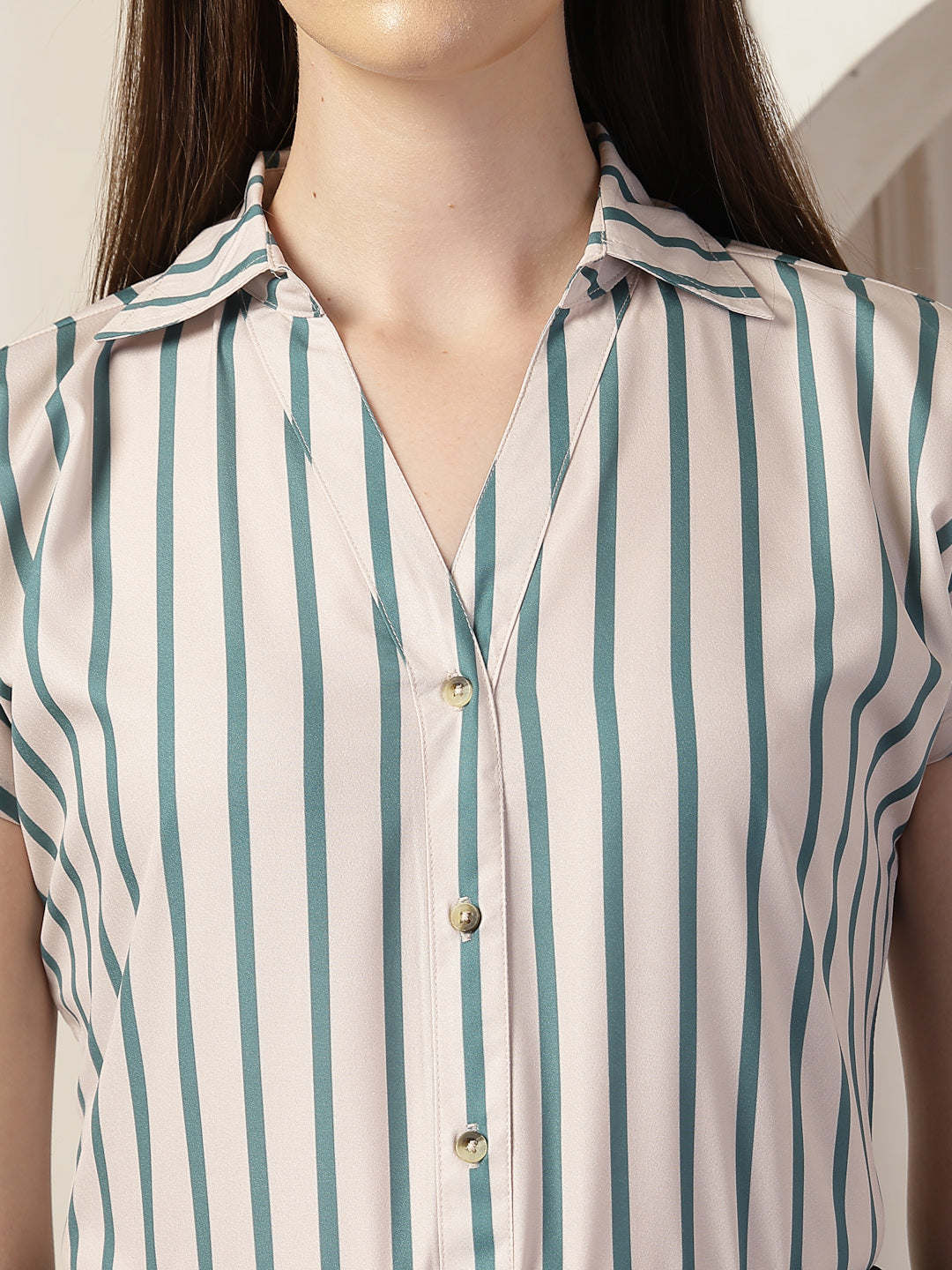 Style Quotient Women Beige And Teal Polycrepe Regular Fit Formal Shirt-Shirts-StyleQuotient