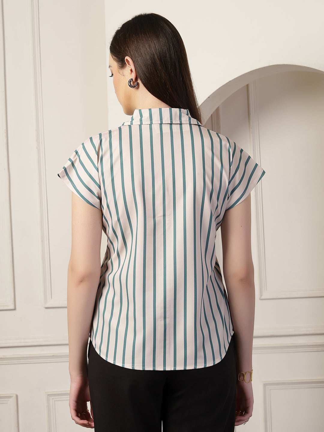 Style Quotient Women Beige And Teal Polycrepe Regular Fit Formal Shirt-Shirts-StyleQuotient
