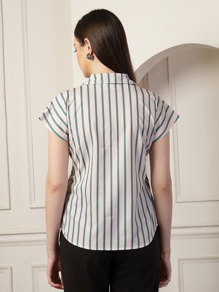 Style Quotient Women Beige And Teal Polycrepe Regular Fit Formal Shirt-Shirts-StyleQuotient