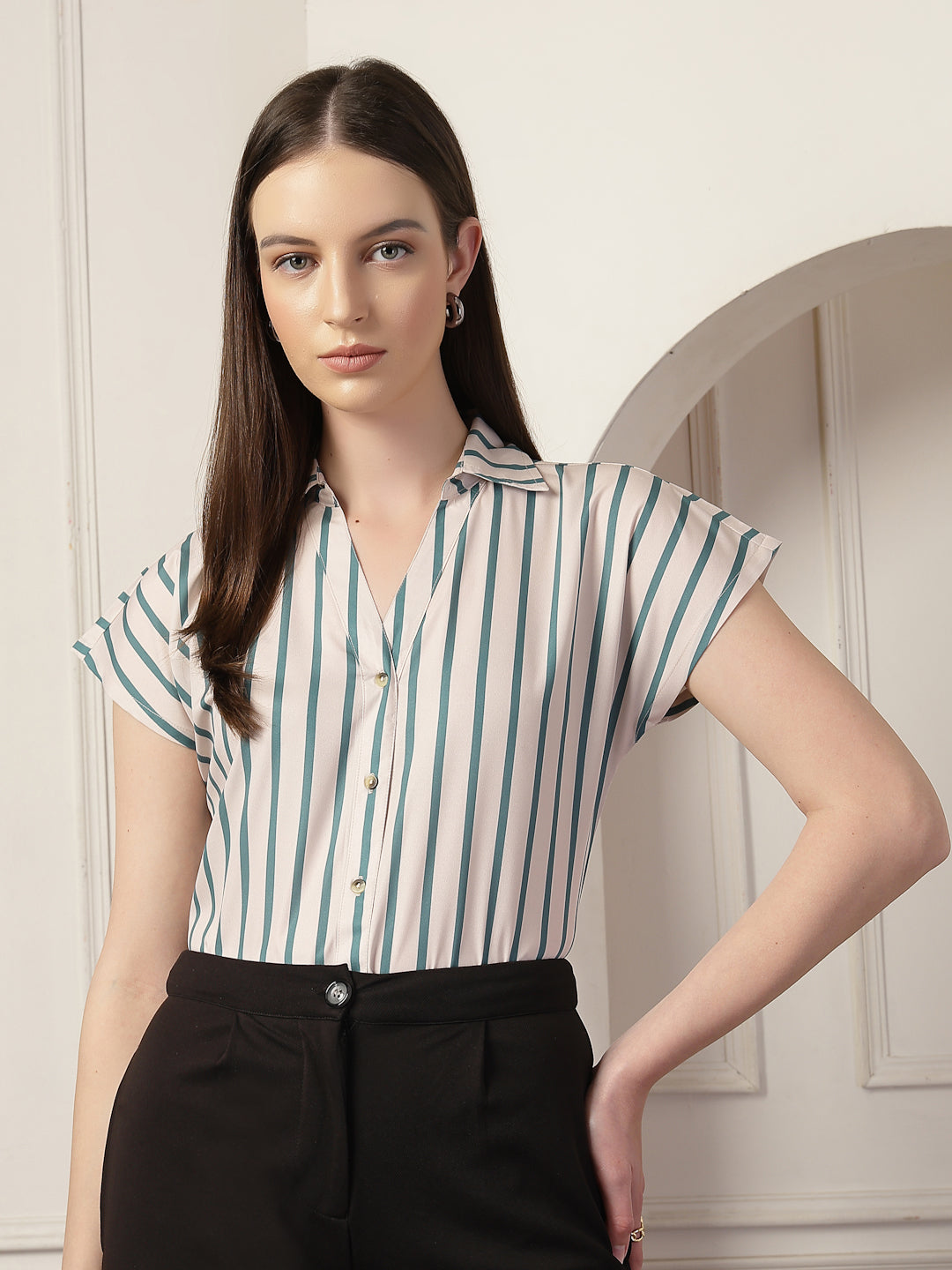 Style Quotient Women Beige And Teal Polycrepe Regular Fit Formal Shirt-Shirts-StyleQuotient