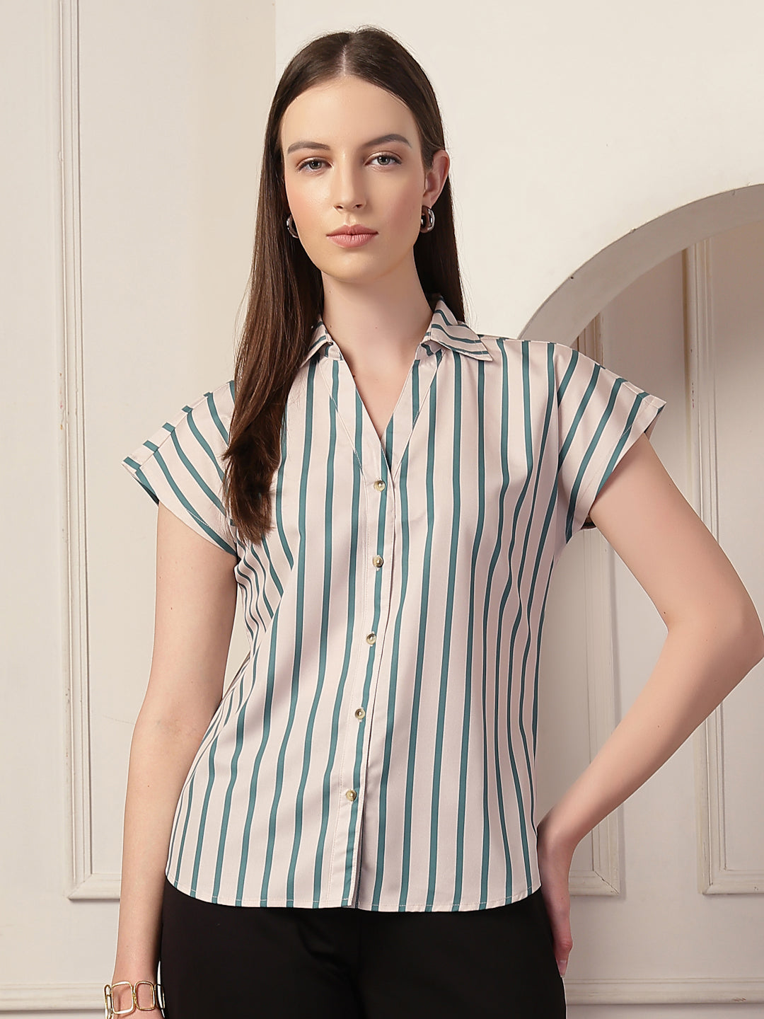 Style Quotient Women Beige And Teal Polycrepe Regular Fit Formal Shirt-Shirts-StyleQuotient