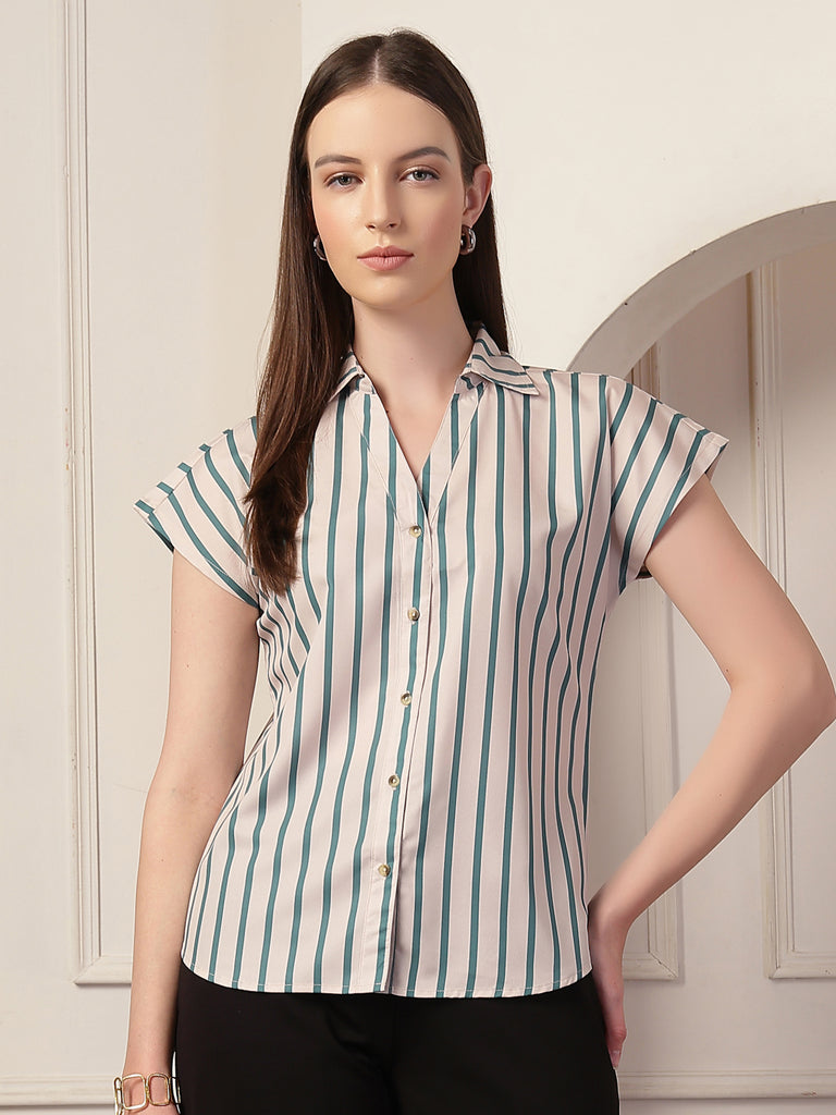 Style Quotient Women Beige And Teal Polycrepe Regular Fit Formal Shirt-Shirts-StyleQuotient
