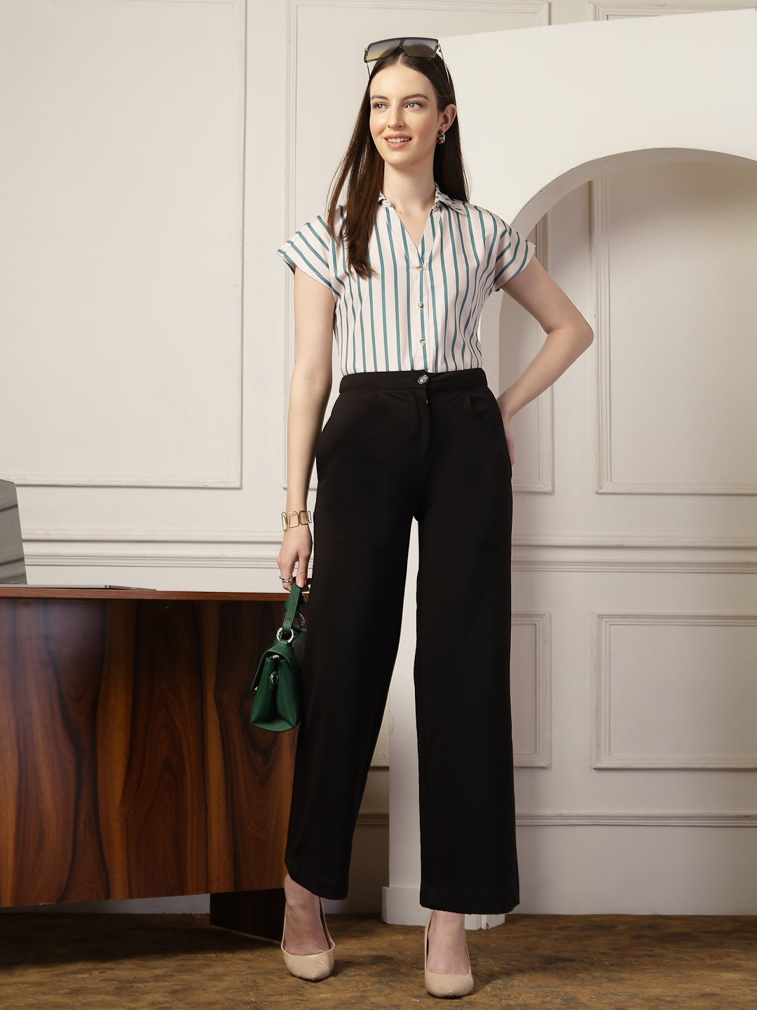 Style Quotient Women Beige And Teal Polycrepe Regular Fit Formal Shirt-Shirts-StyleQuotient