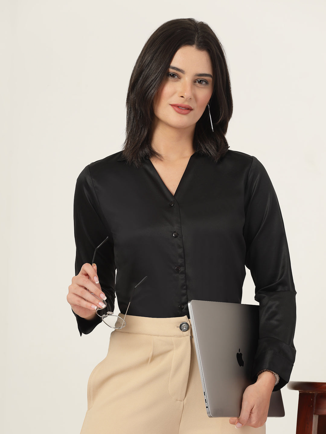 Style Quotient Women Solid Black Satin Regular Fit Formal Shirt-Shirts-StyleQuotient