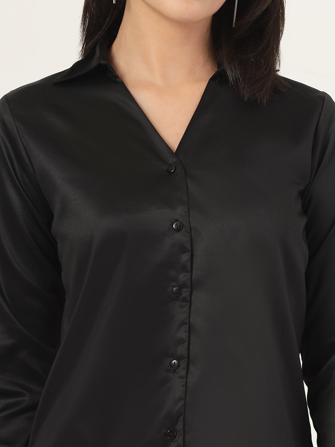 Style Quotient Women Solid Black Satin Regular Fit Formal Shirt-Shirts-StyleQuotient