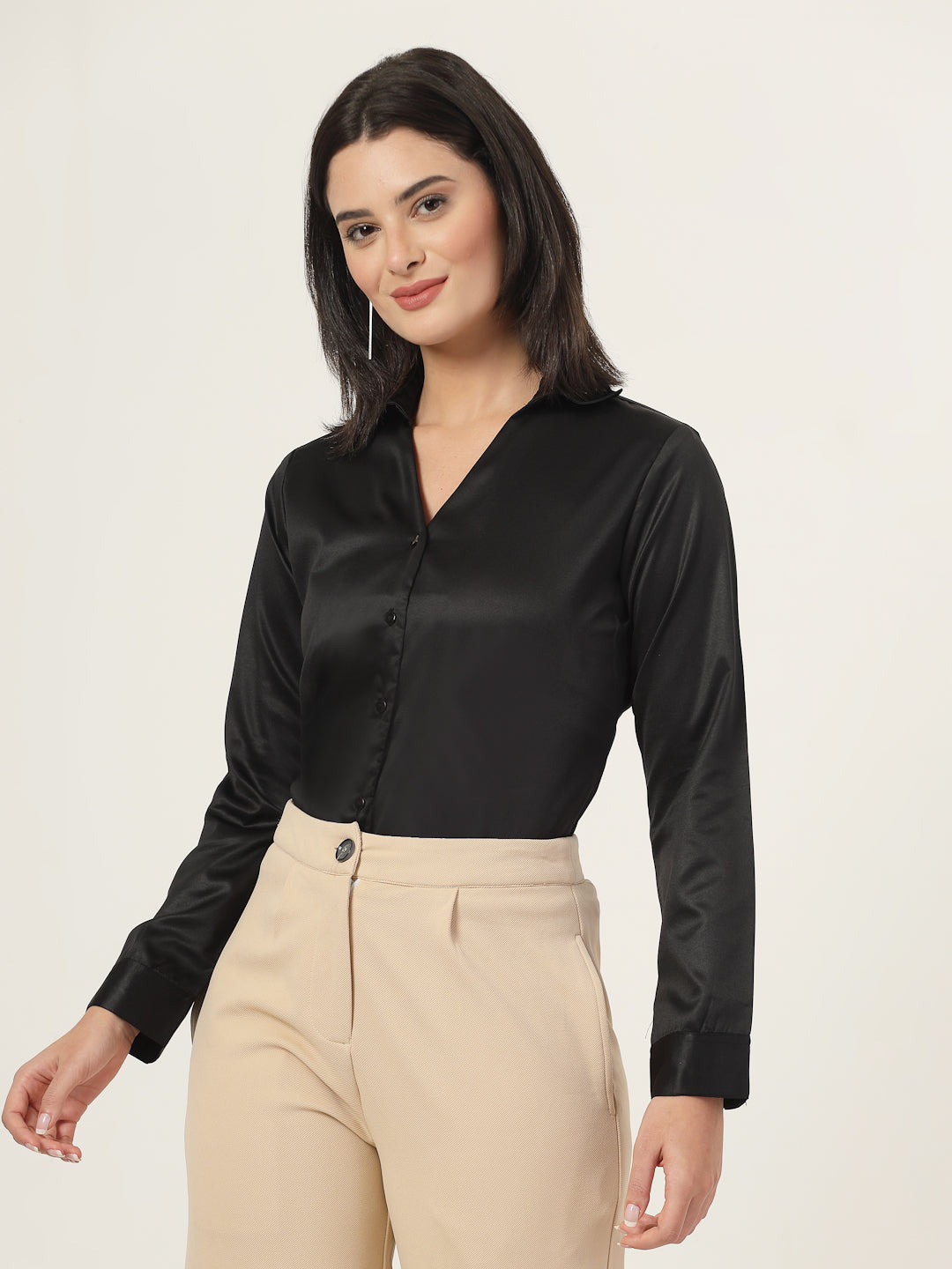 Style Quotient Women Solid Black Satin Regular Fit Formal Shirt-Shirts-StyleQuotient