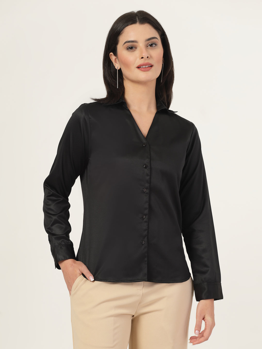 Style Quotient Women Solid Black Satin Regular Fit Formal Shirt-Shirts-StyleQuotient