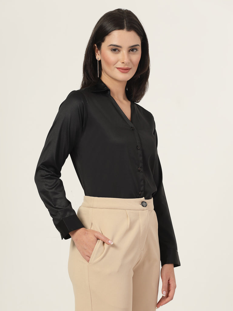 Style Quotient Women Solid Black Satin Regular Fit Formal Shirt-Shirts-StyleQuotient