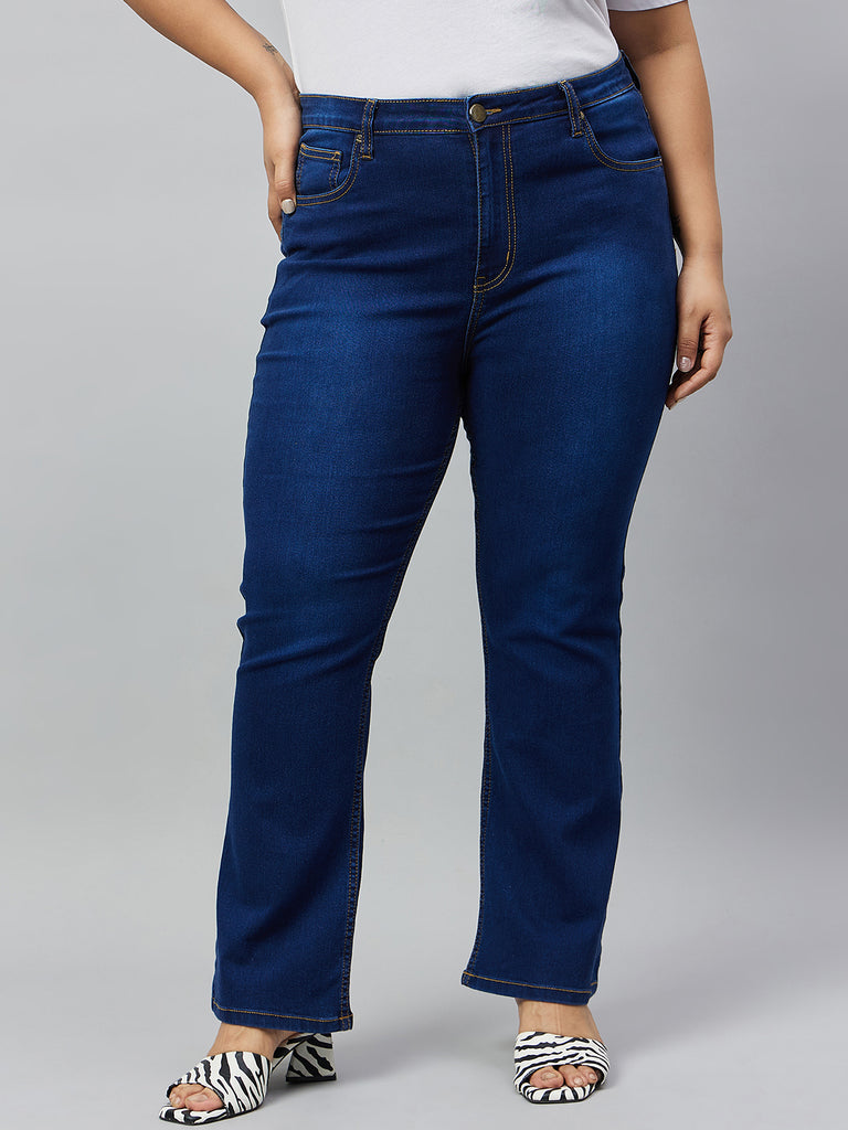 Style Quotient Women Plus Size Dark Blue Boot Cut High Rise Stretchable Jeans-Jeans-StyleQuotient