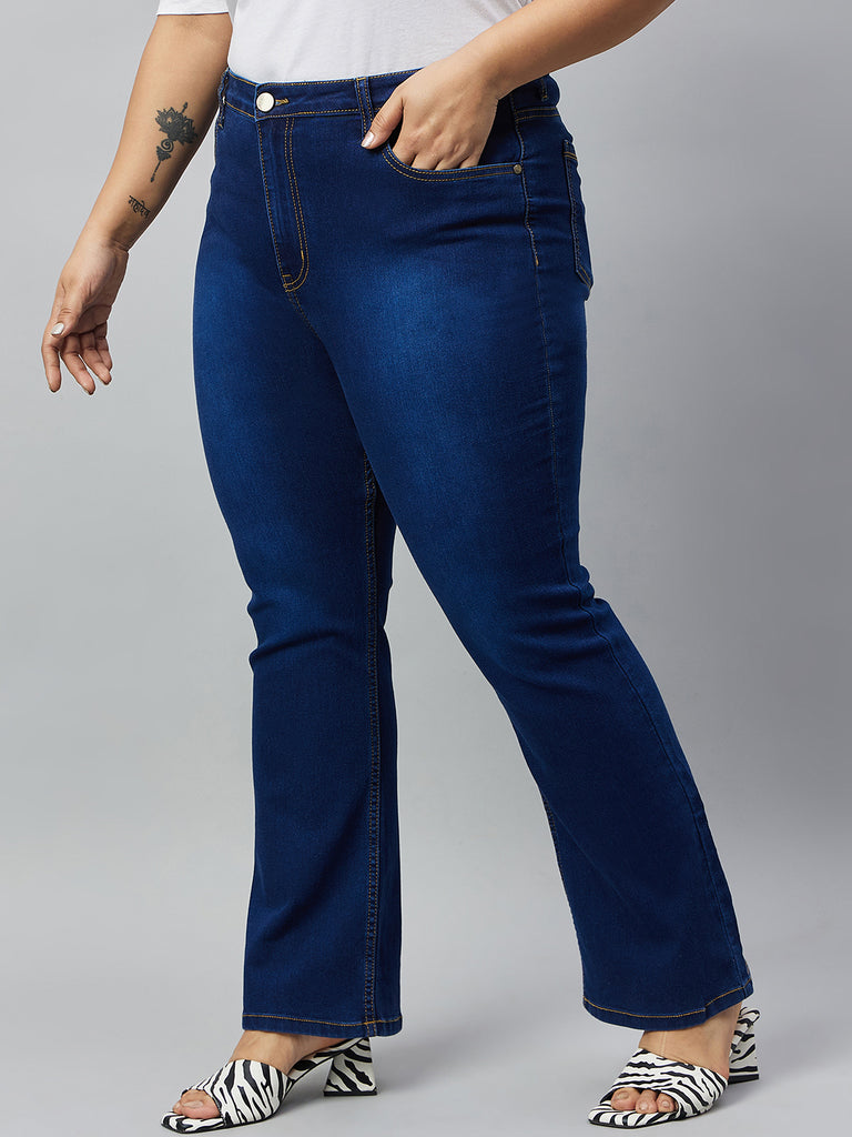 Style Quotient Women Plus Size Dark Blue Boot Cut High Rise Stretchable Jeans-Jeans-StyleQuotient