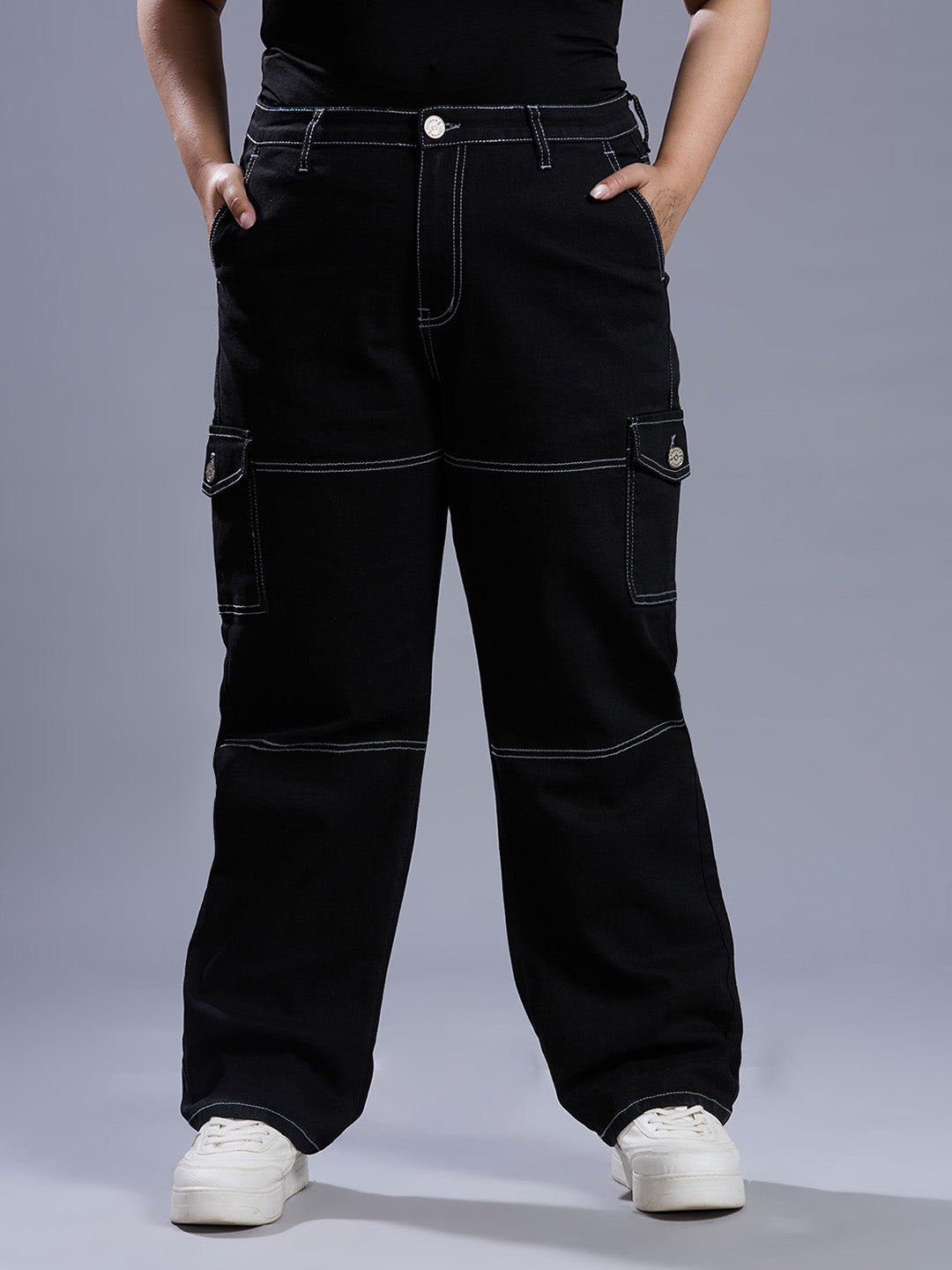 Style Quotient Women Plus Size Black Relaxed Fit High Rise Stretchable Cargos-Jeans-StyleQuotient