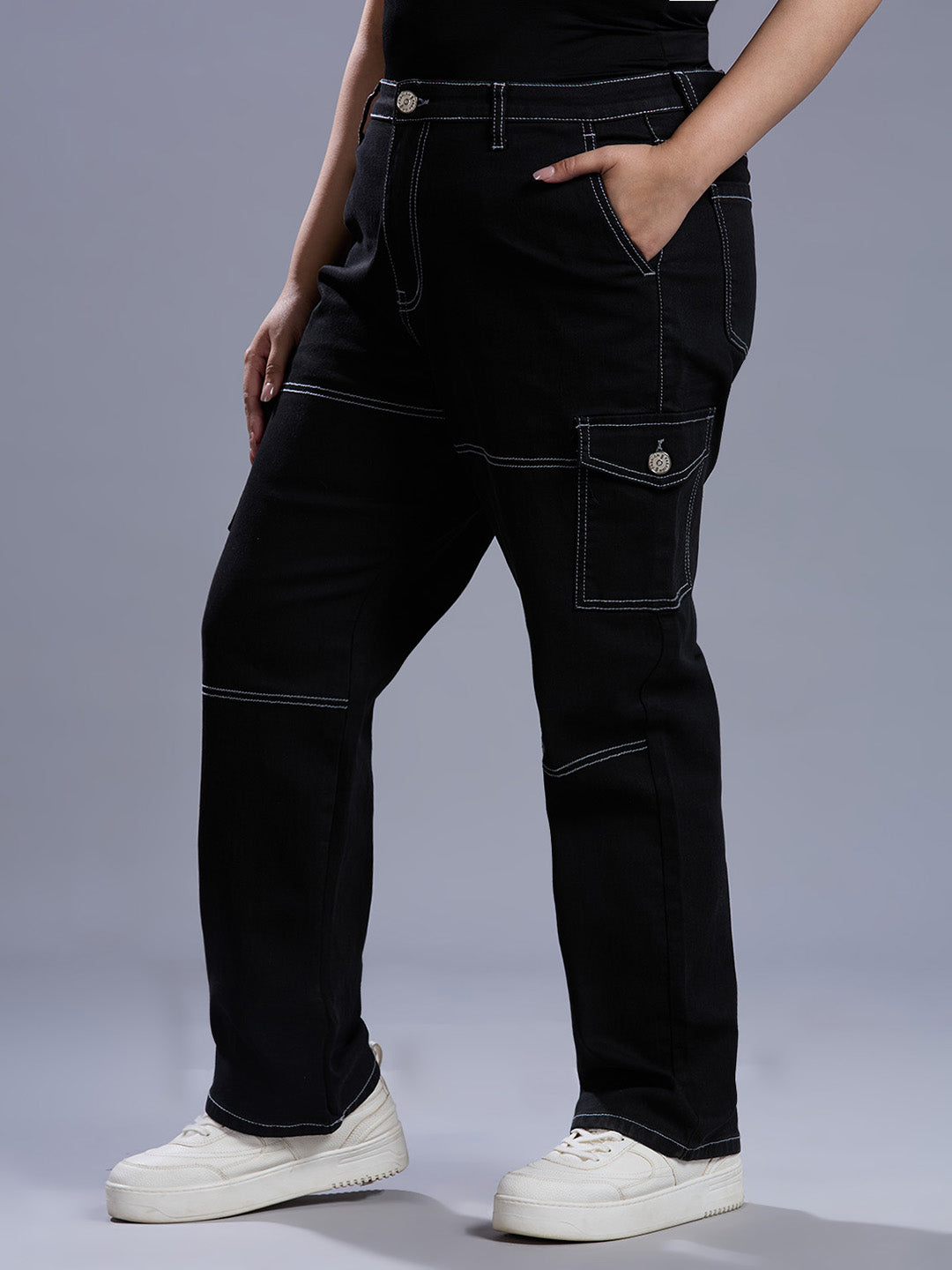 Style Quotient Women Plus Size Black Relaxed Fit High Rise Stretchable Cargos-Jeans-StyleQuotient