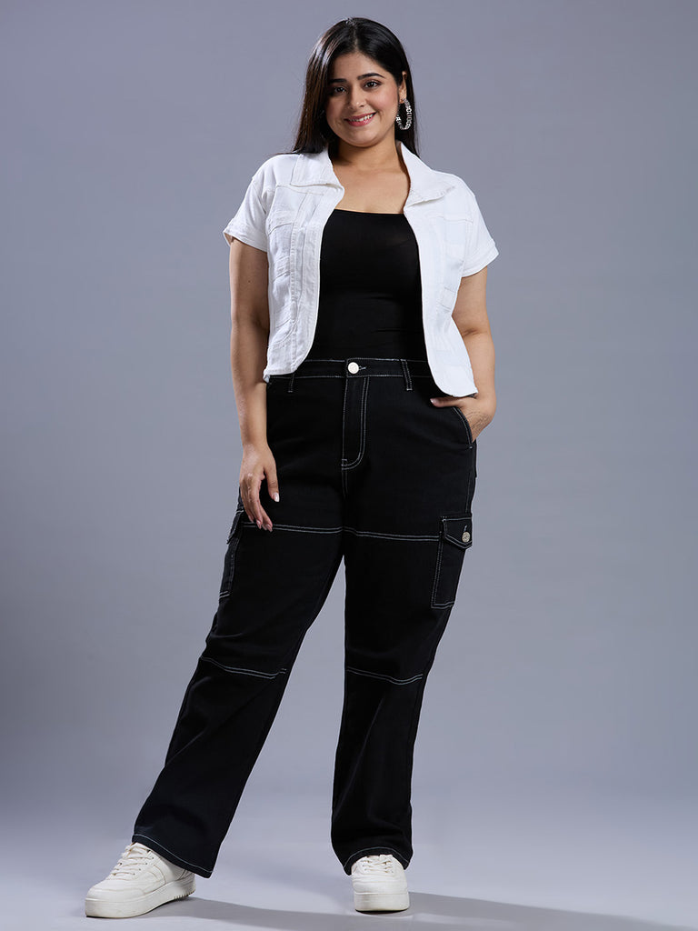 Style Quotient Women Plus Size Black Relaxed Fit High Rise Stretchable Cargos-Jeans-StyleQuotient