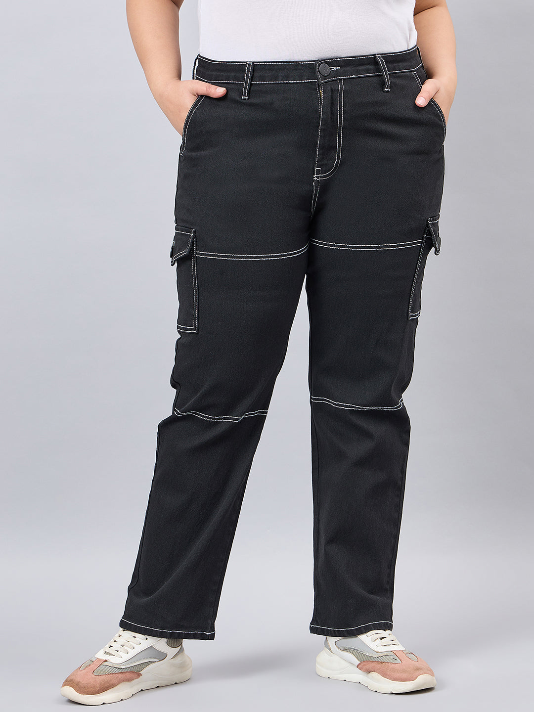 Style Quotient Women Plus Size Black Relaxed Fit High Rise Stretchable Cargos-Jeans-StyleQuotient