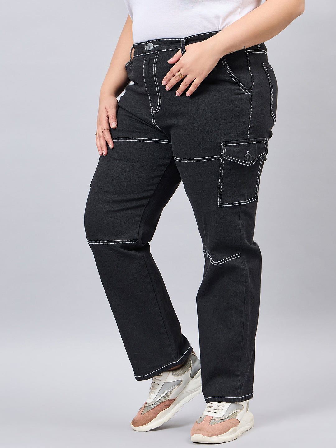 Style Quotient Women Plus Size Black Relaxed Fit High Rise Stretchable Cargos-Jeans-StyleQuotient