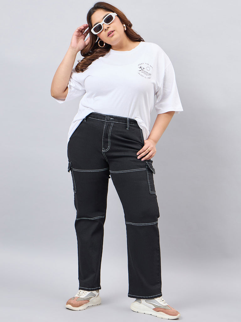 Style Quotient Women Plus Size Black Relaxed Fit High Rise Stretchable Cargos-Jeans-StyleQuotient
