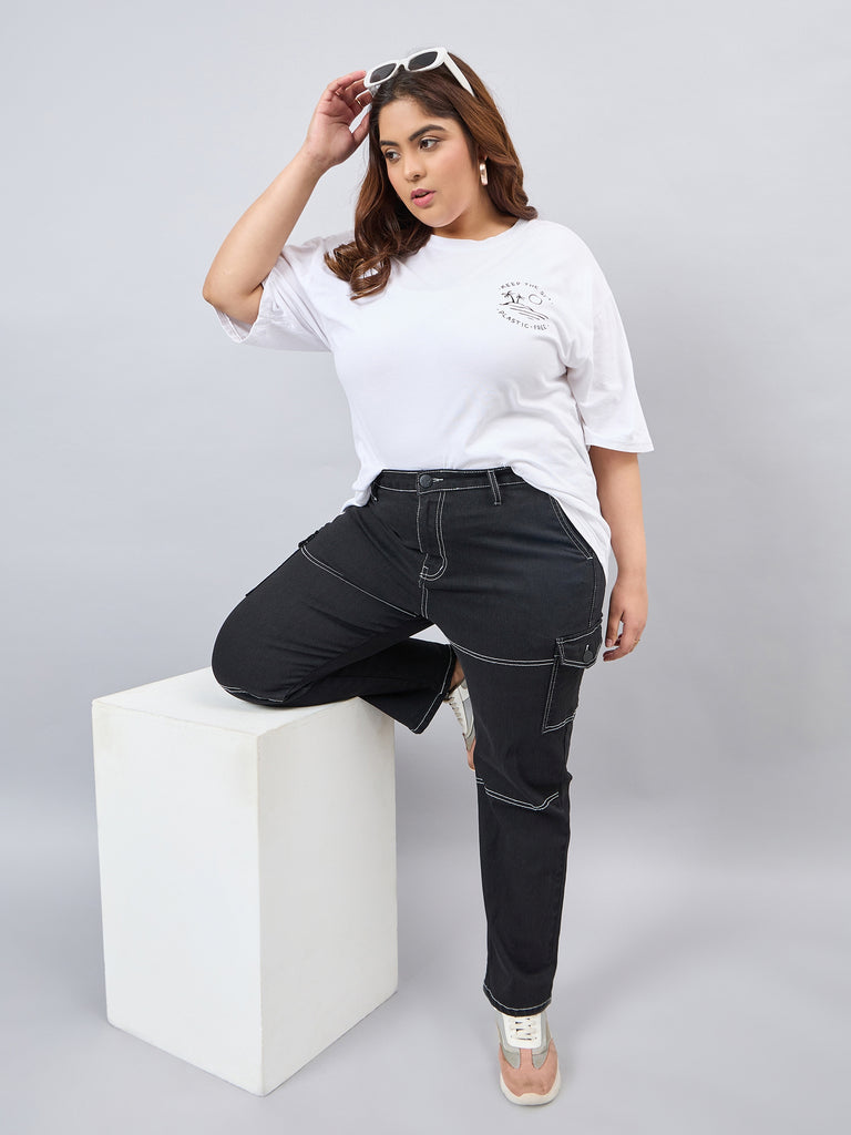 Style Quotient Women Plus Size Black Relaxed Fit High Rise Stretchable Cargos-Jeans-StyleQuotient