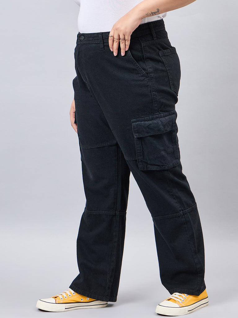 Style Quotient Women Plus Size Black Relaxed Fit High Rise Cargos-Jeans-StyleQuotient
