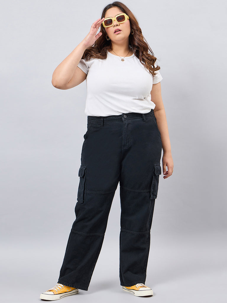 Style Quotient Women Plus Size Black Relaxed Fit High Rise Cargos-Jeans-StyleQuotient