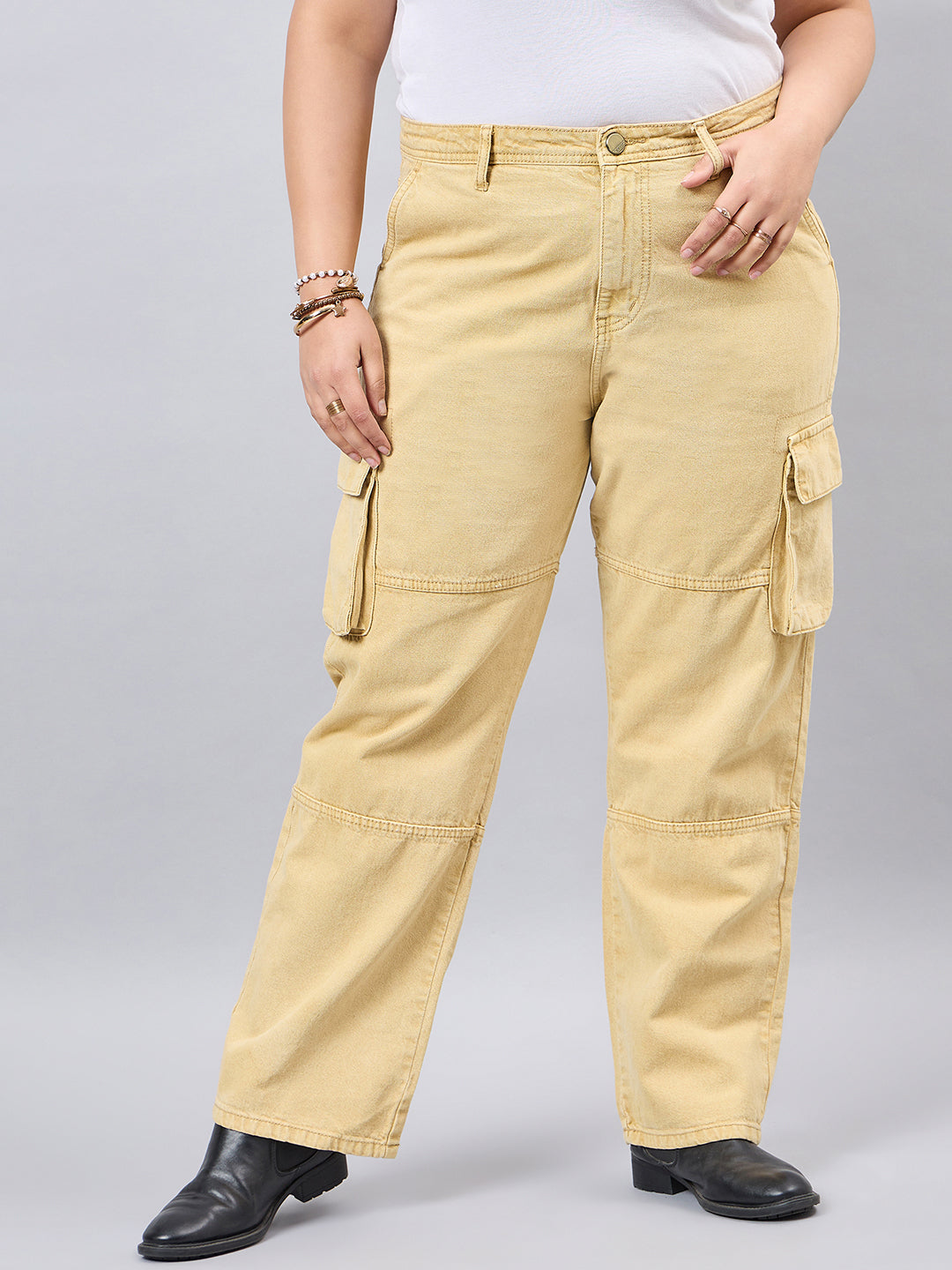 Style Quotient Women Plus Size Khaki Relaxed Fit High Rise Cargos-Jeans-StyleQuotient