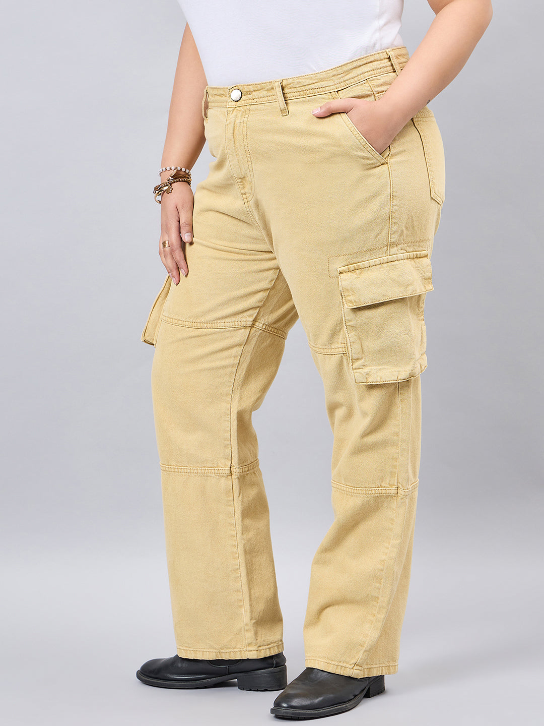 Style Quotient Women Plus Size Khaki Relaxed Fit High Rise Cargos