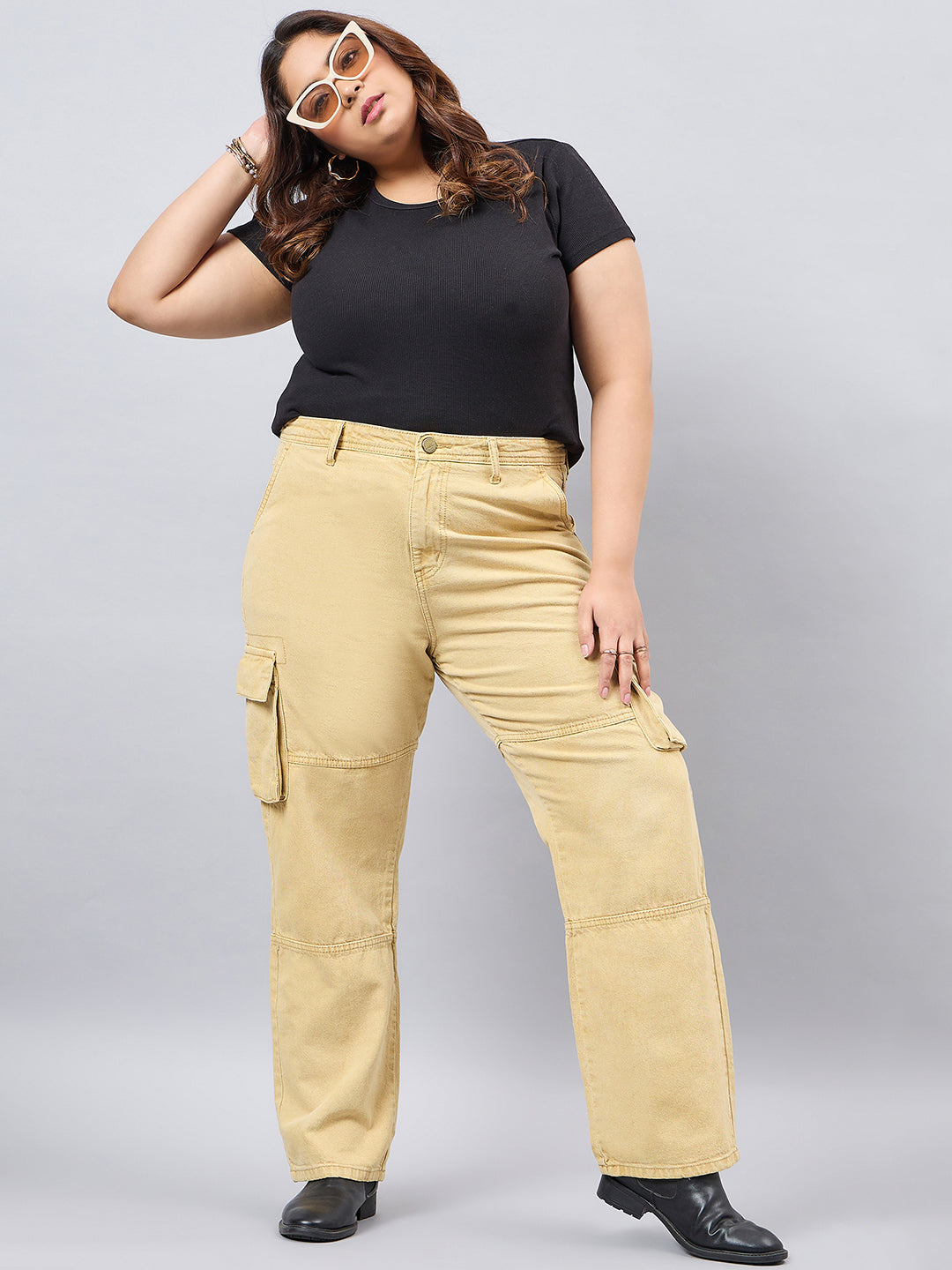 Style Quotient Women Plus Size Khaki Relaxed Fit High Rise Cargos-Jeans-StyleQuotient