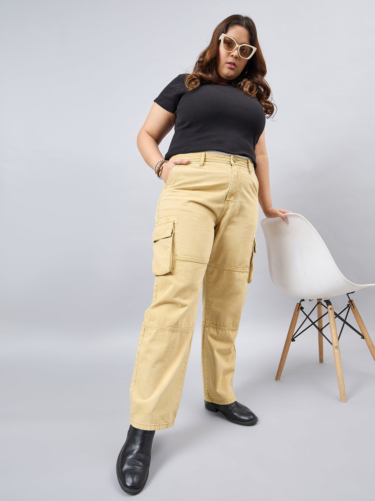 Style Quotient Women Plus Size Khaki Relaxed Fit High Rise Cargos-Jeans-StyleQuotient