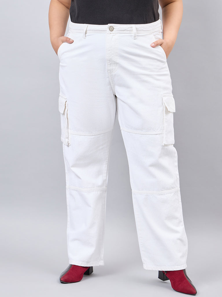 Style Quotient Women Plus Size White Relaxed Fit High Rise Cargos-Jeans-StyleQuotient