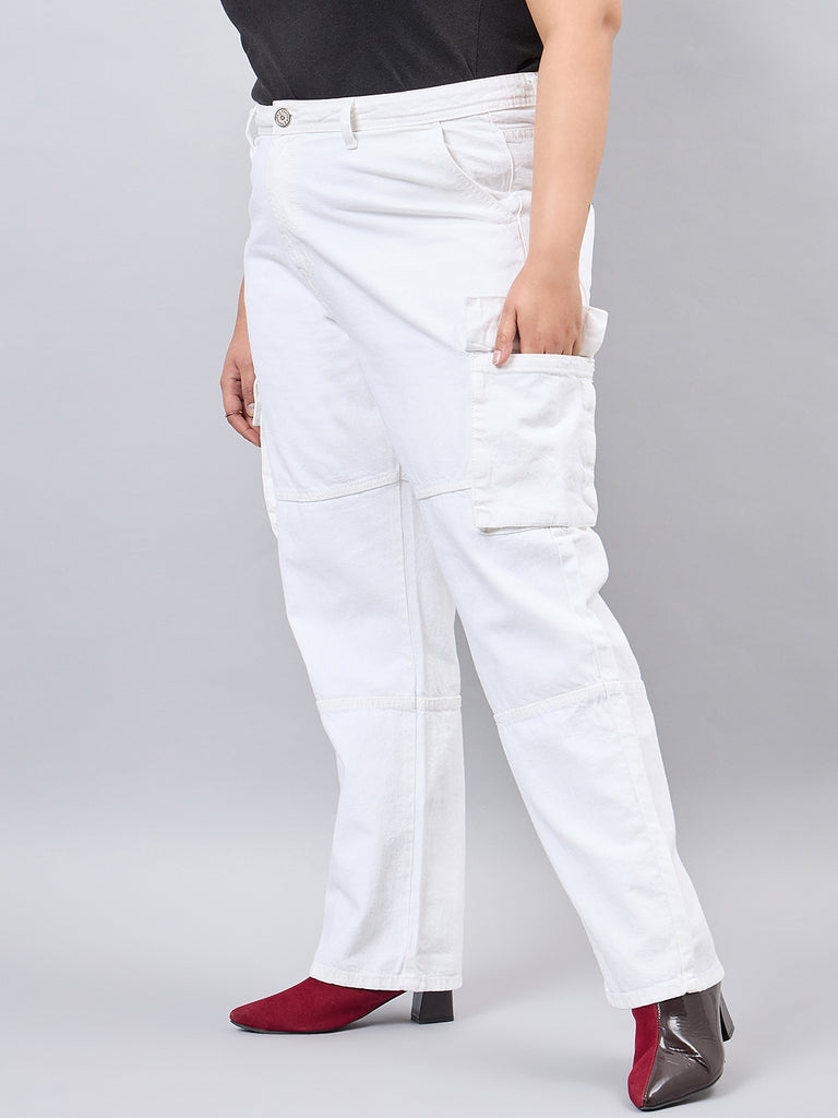 Style Quotient Women Plus Size White Relaxed Fit High Rise Cargos-Jeans-StyleQuotient