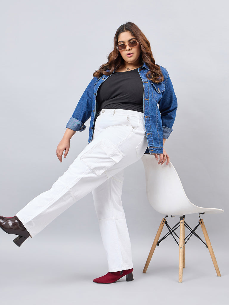 Style Quotient Women Plus Size White Relaxed Fit High Rise Cargos-Jeans-StyleQuotient