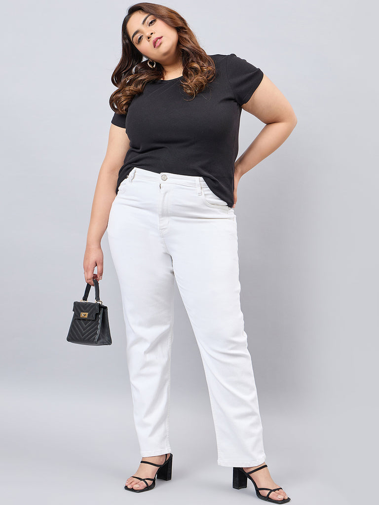 Style Quotient Women Plus Size White Straight Fit High Rise Stretchable Jeans-Jeans-StyleQuotient