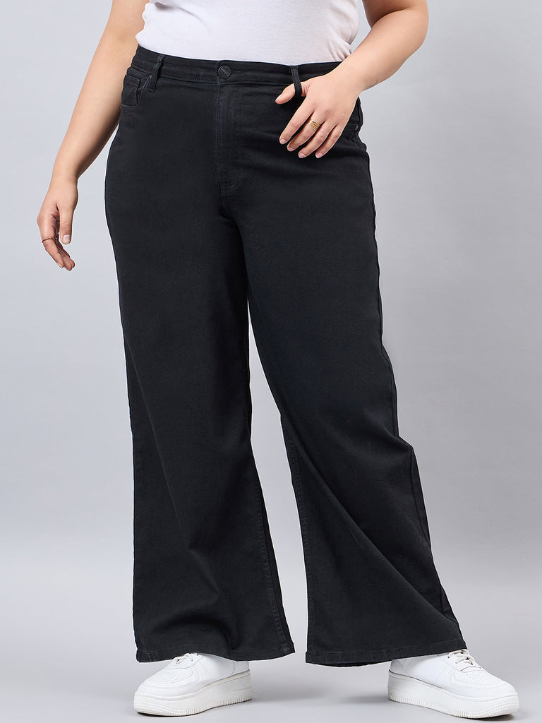Style Quotient Women Plus Size Black Wide Leg High Rise Stretchable Jeans-Jeans-StyleQuotient
