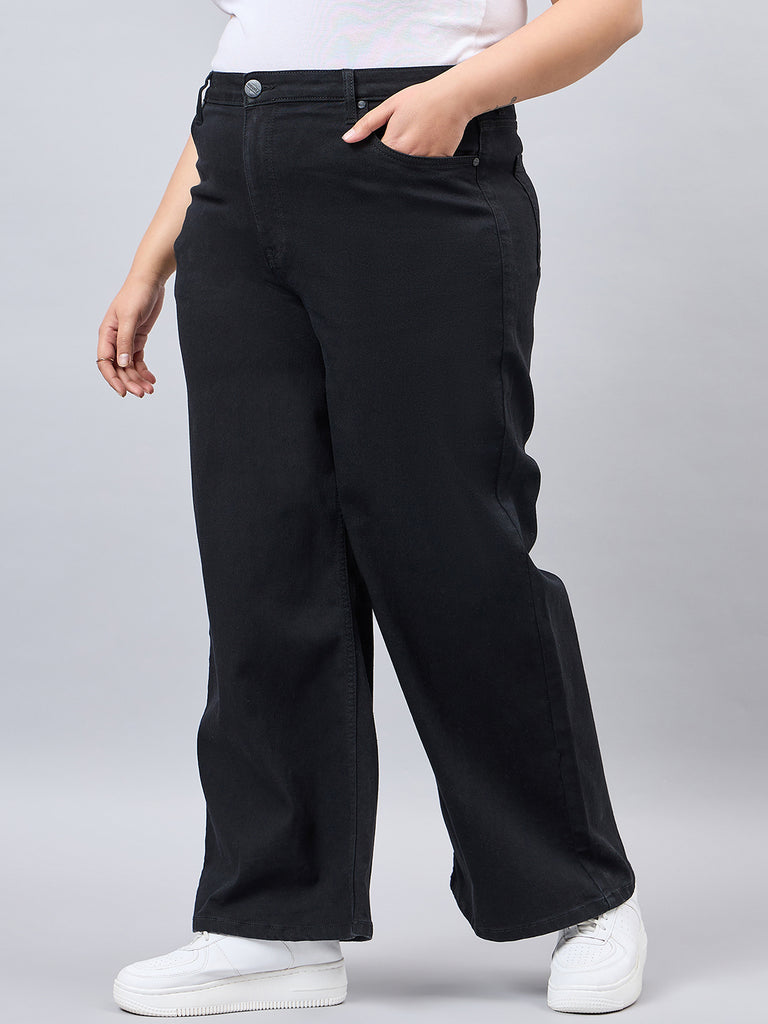 Style Quotient Women Plus Size Black Wide Leg High Rise Stretchable Jeans-Jeans-StyleQuotient