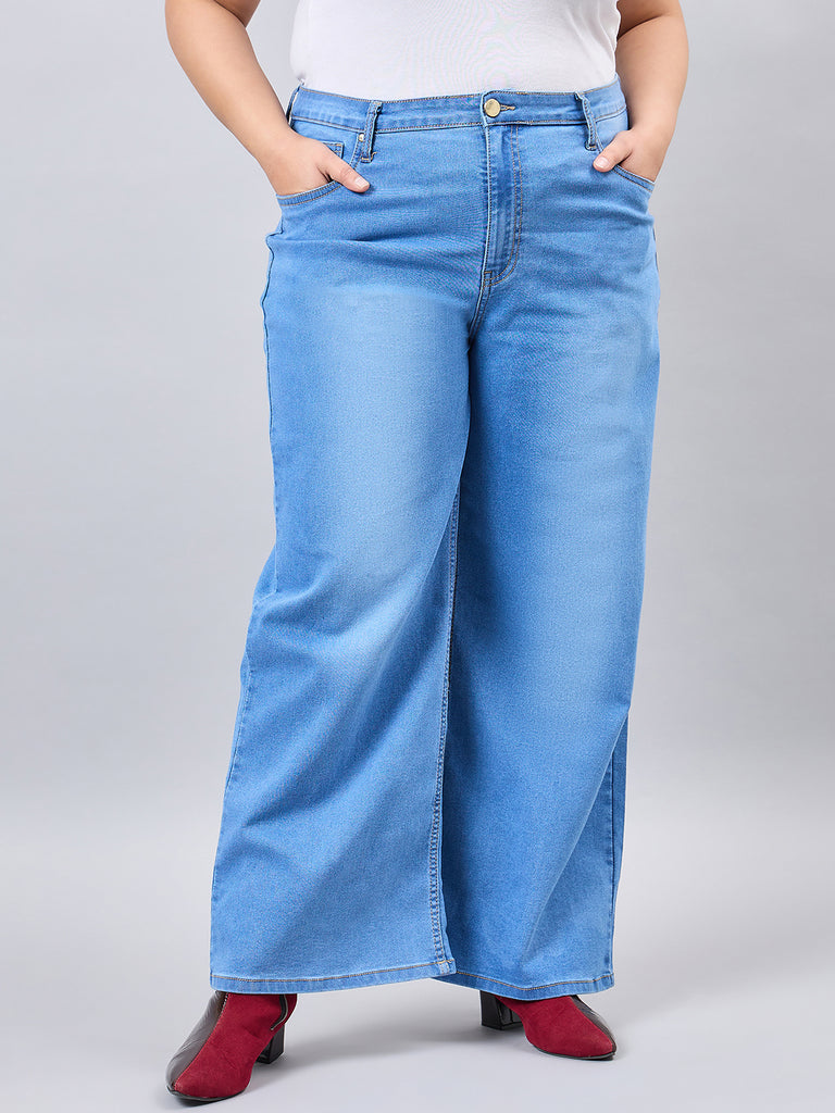 Style Quotient Women Plus Size Mid Blue Wide Leg High Rise Stretchable Jeans-Jeans-StyleQuotient