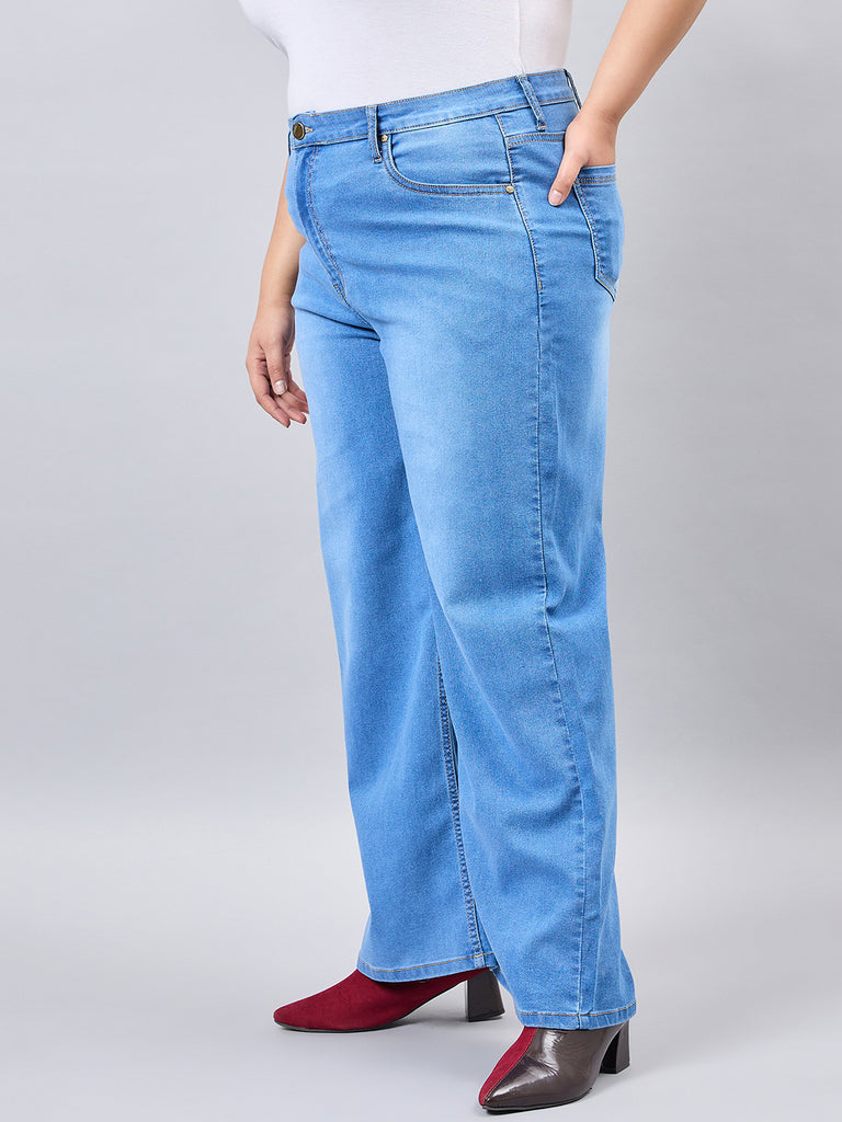 Style Quotient Women Plus Size Mid Blue Wide Leg High Rise Stretchable Jeans-Jeans-StyleQuotient