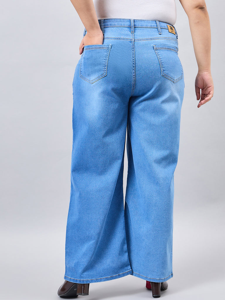 Style Quotient Women Plus Size Mid Blue Wide Leg High Rise Stretchable Jeans-Jeans-StyleQuotient