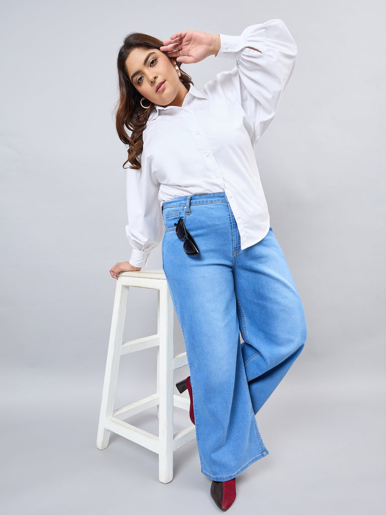 Style Quotient Women Plus Size Mid Blue Wide Leg High Rise Stretchable Jeans-Jeans-StyleQuotient