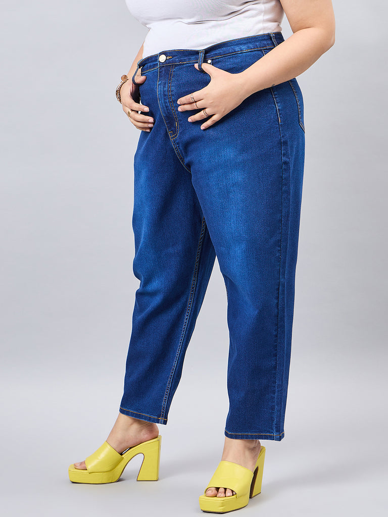 Style Quotient Women Plus Size Dark Blue Mom Fit High Rise Stretchable Jeans-Jeans-StyleQuotient
