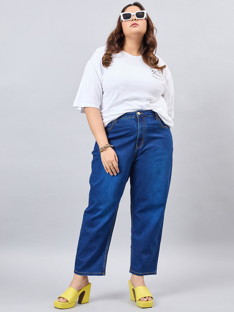 Style Quotient Women Plus Size Dark Blue Mom Fit High Rise Stretchable Jeans-Jeans-StyleQuotient