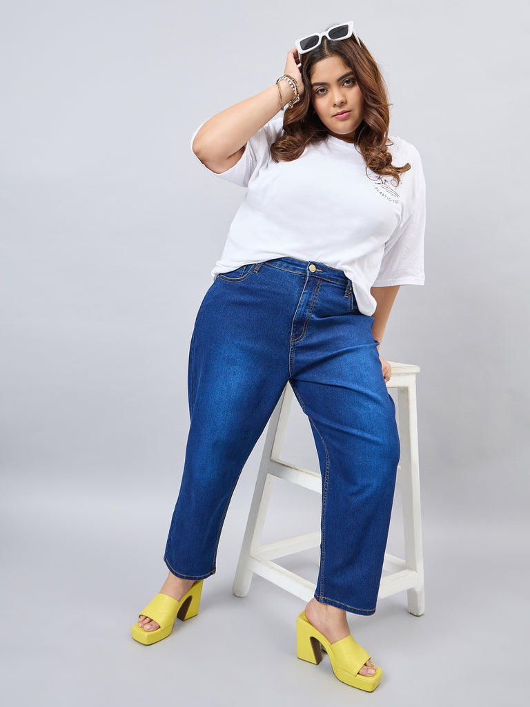 Style Quotient Women Plus Size Dark Blue Mom Fit High Rise Stretchable Jeans-Jeans-StyleQuotient