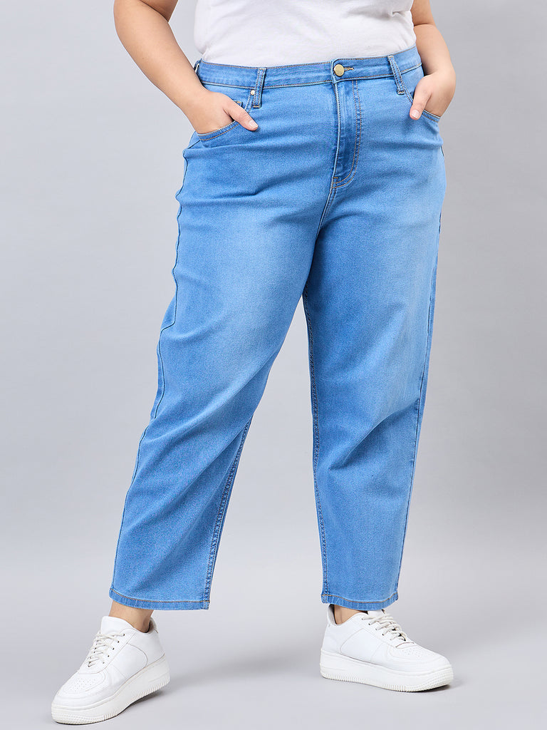 Style Quotient Women Plus Size Mid Blue Mom Fit High Rise Stretchable Jeans-Jeans-StyleQuotient