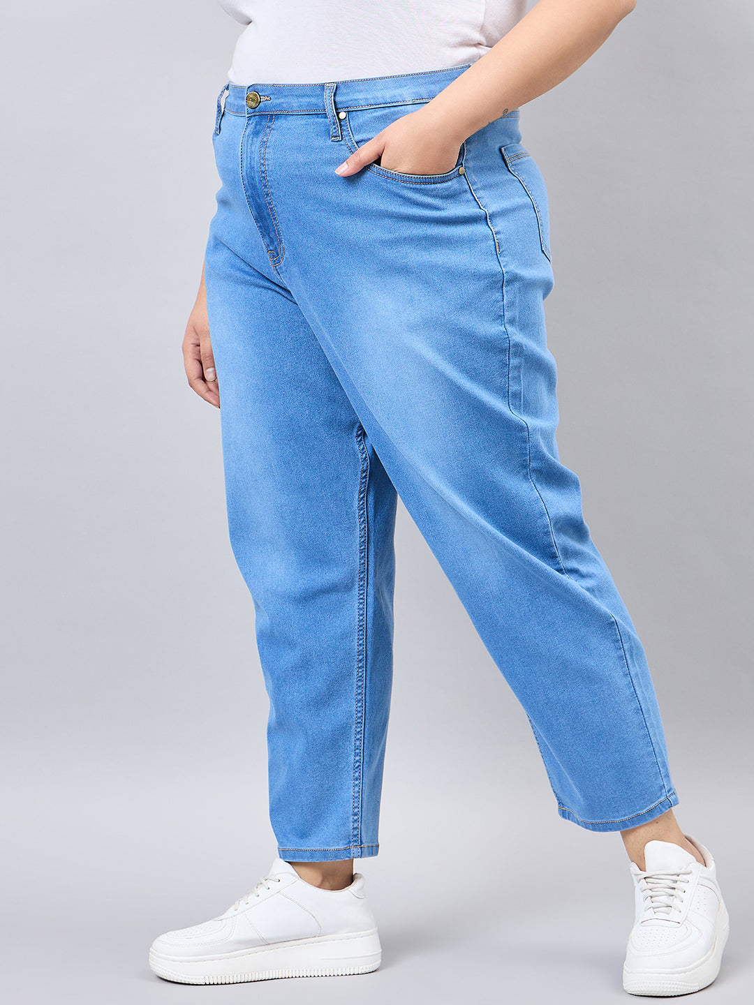 Style Quotient Women Plus Size Mid Blue Mom Fit High Rise Stretchable Jeans-Jeans-StyleQuotient