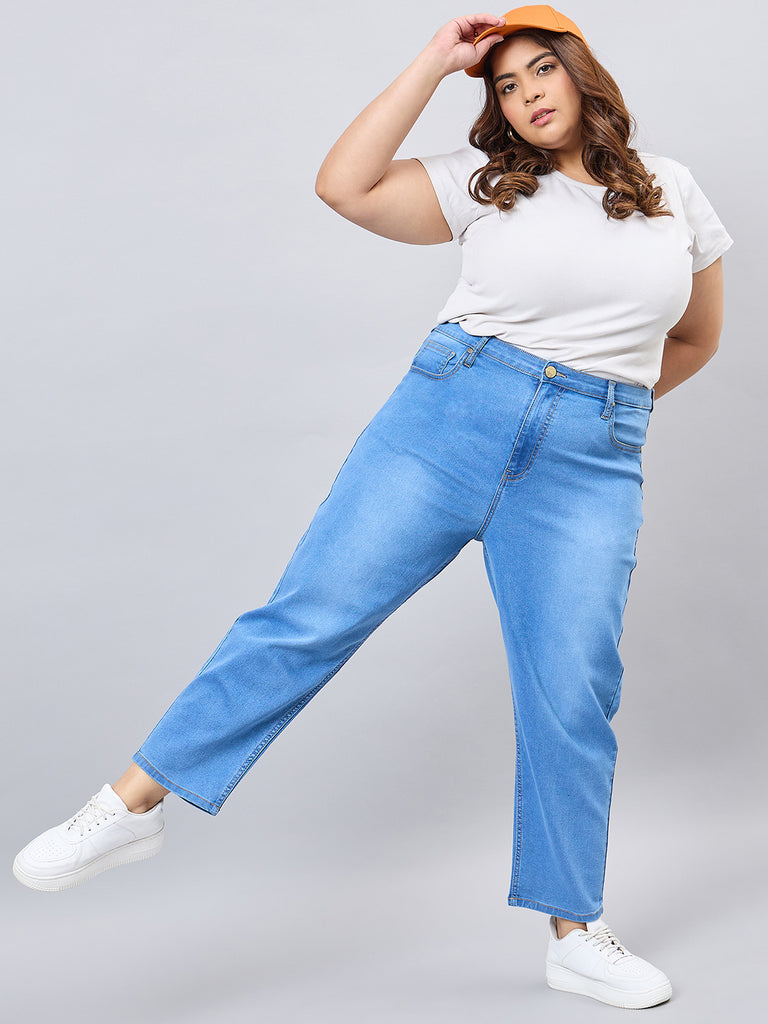 Style Quotient Women Plus Size Mid Blue Mom Fit High Rise Stretchable Jeans-Jeans-StyleQuotient