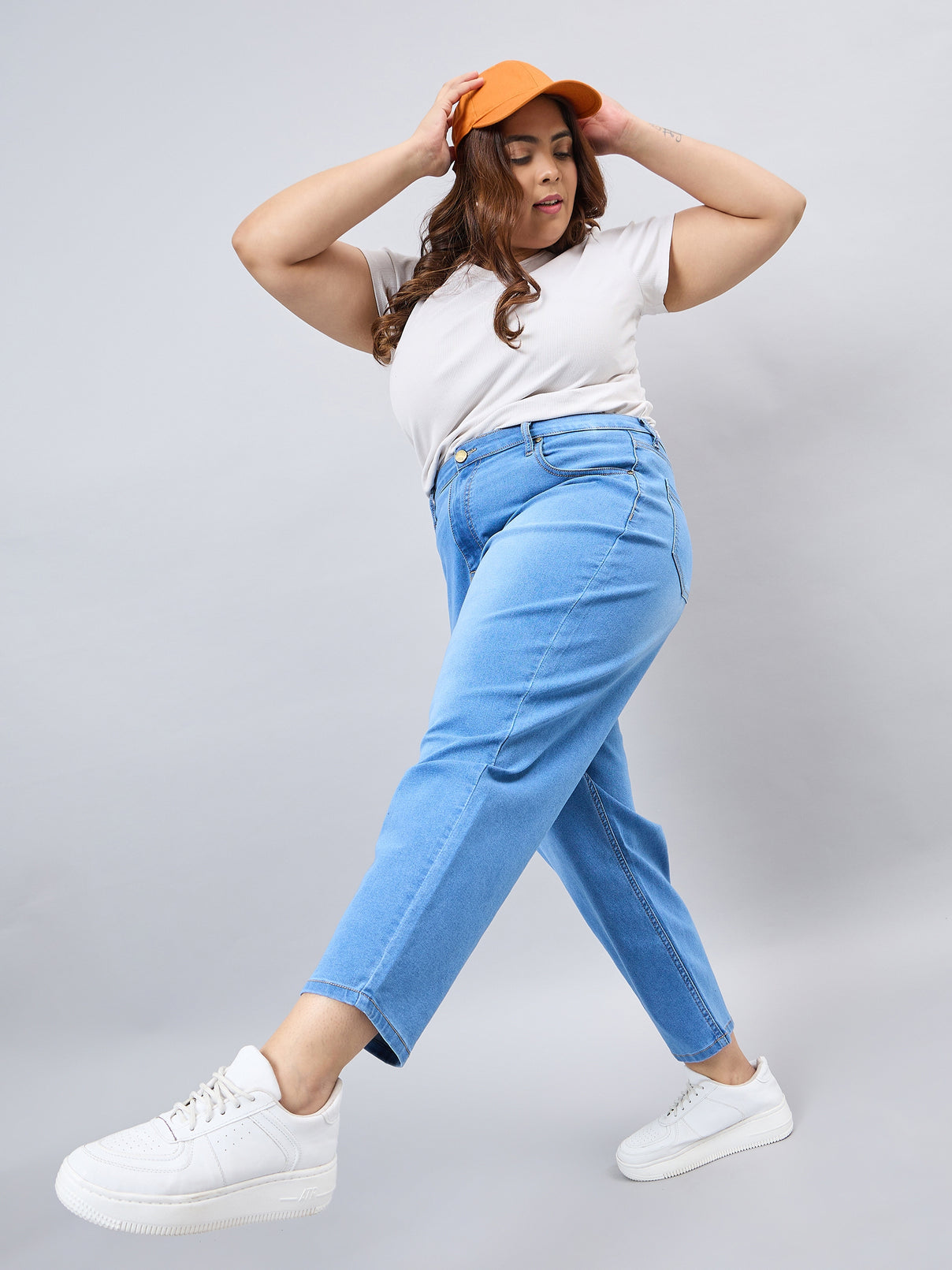 Style Quotient Women Plus Size Mid Blue Mom Fit High Rise Stretchable Jeans-Jeans-StyleQuotient