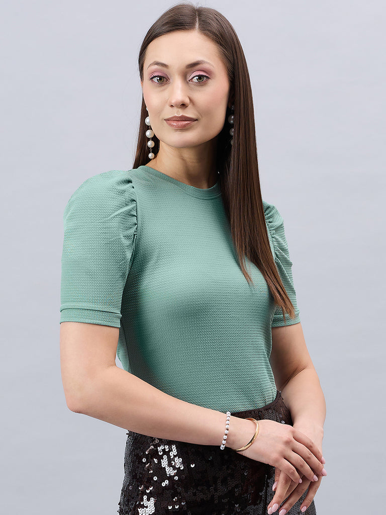 Style Quotient Women Solid Sage Green Poly Knit Smart Casual Regular Top-Tops-StyleQuotient