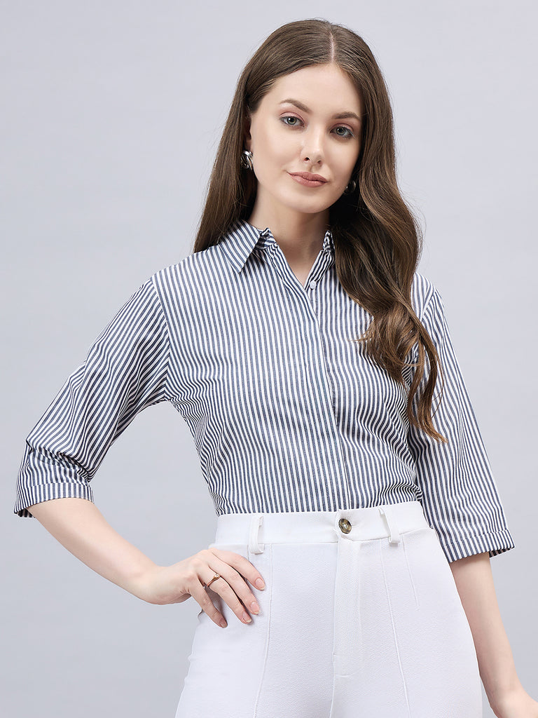 Style Quotient Women Black And White Stripe Polycotton Regular Fit Formal Shirt-Shirts-StyleQuotient