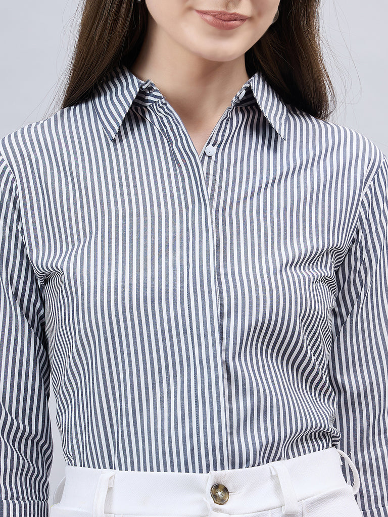 Style Quotient Women Black And White Stripe Polycotton Regular Fit Formal Shirt-Shirts-StyleQuotient