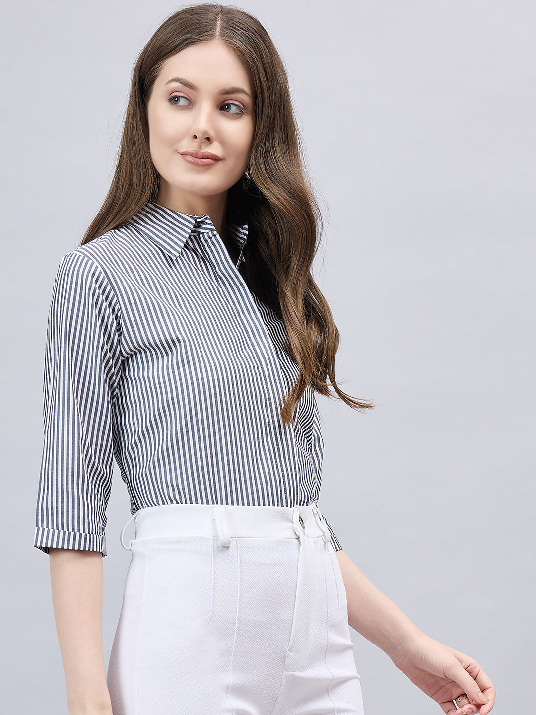 Style Quotient Women Black And White Stripe Polycotton Regular Fit Formal Shirt-Shirts-StyleQuotient